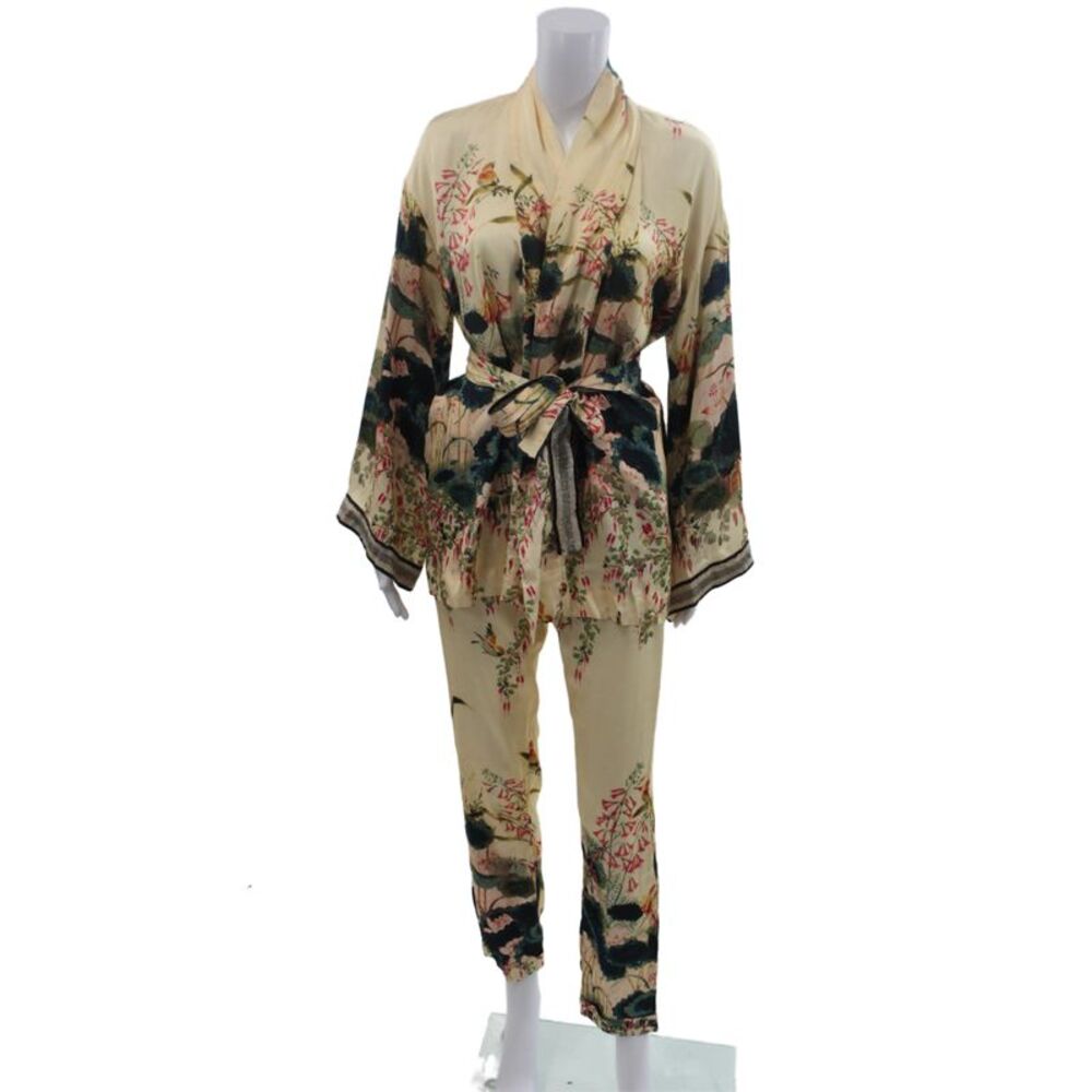 Designer Women Kimono Pajama Set Ivory V-Neck Floral 3/4 Sleeve Size 38
